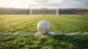 Fußball liegt auf dem Elfmeterpunkt eines gemähten Spielfelds