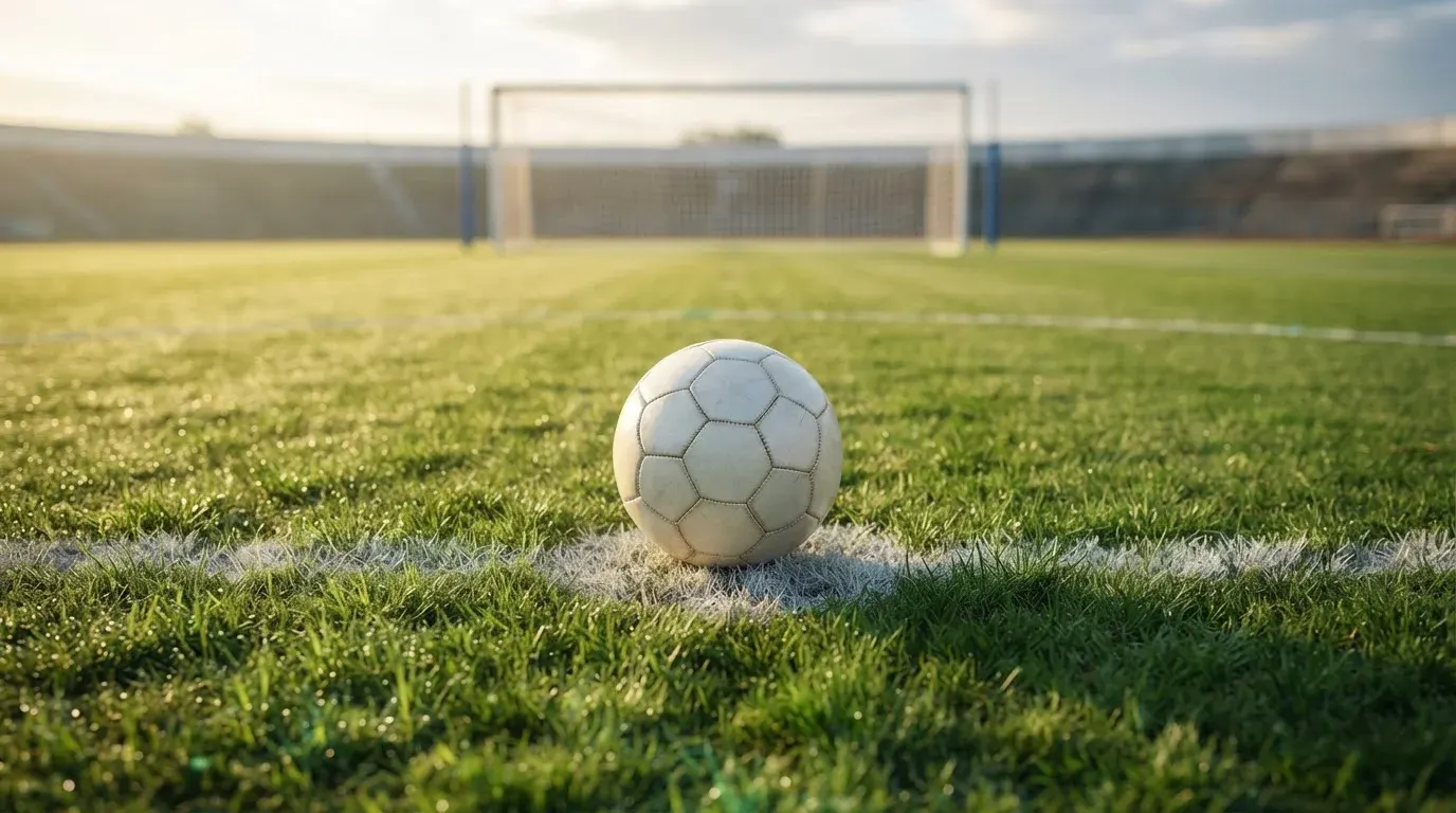 Fußball liegt auf dem Elfmeterpunkt eines gemähten Spielfelds