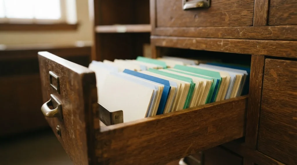 Geordnete Karteikarten in einem geöffneten Archivfach