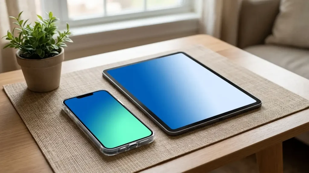 Smartphone und Tablet auf einem hellen Tisch