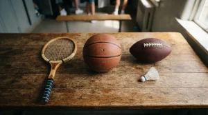 Fußball Basketball Tennisschläger und Sportausrüstung auf einem Holztisch