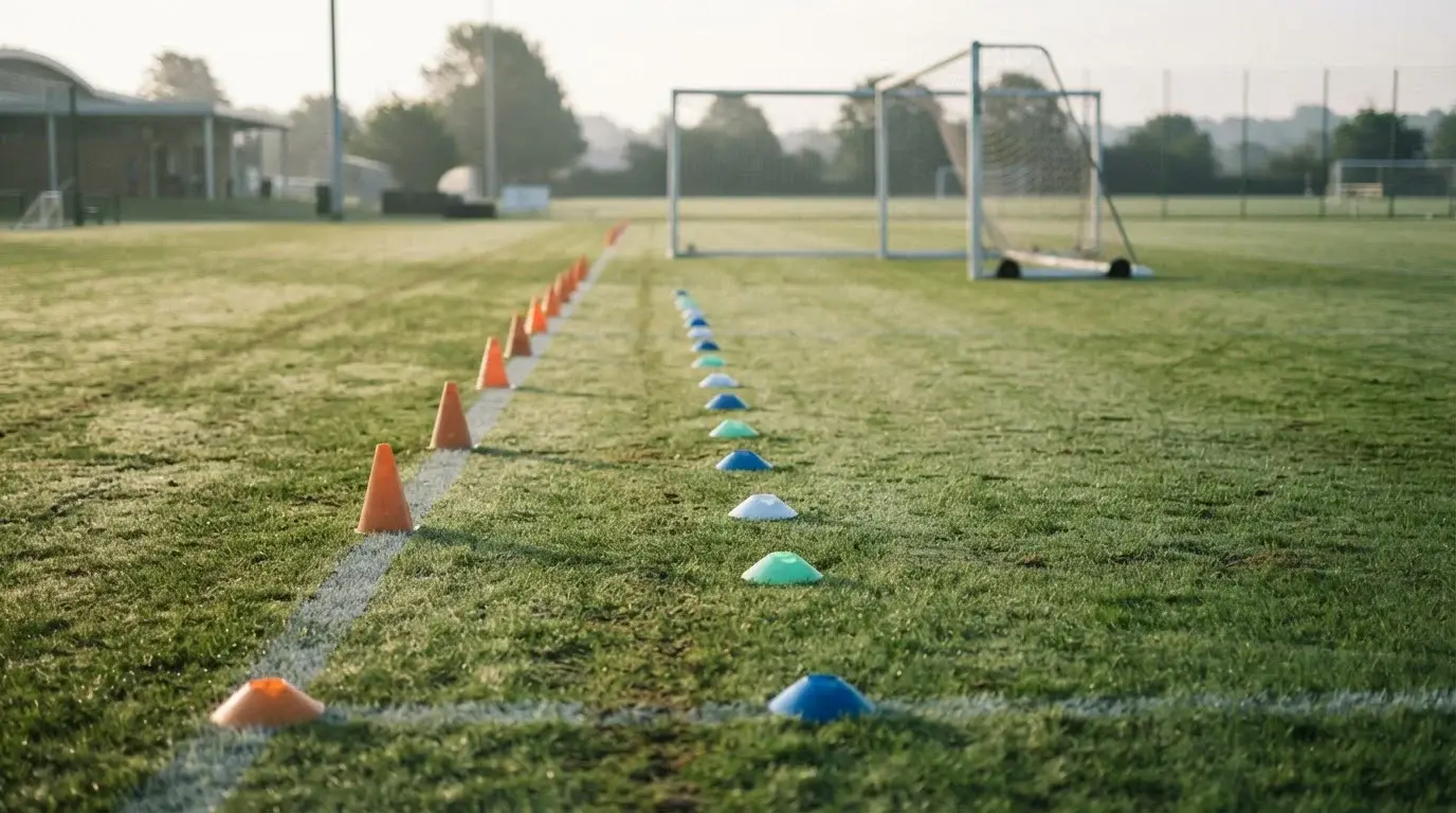 Trainingskegel auf einem markierten Fußballfeld in natürlichem Tageslicht.