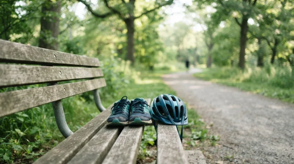 Turnschuhe und Fahrradhelm auf einer Bank im Freien