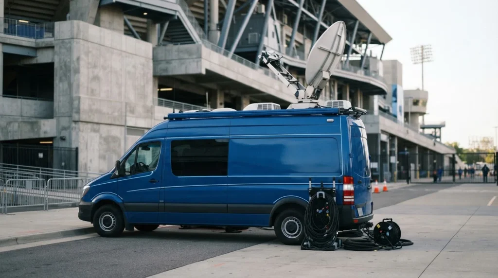 Übertragungswagen mit ausgerichteter Antenne vor einem Fußballstadion