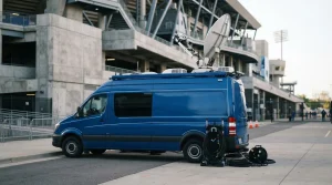 Übertragungswagen mit ausgerichteter Antenne vor einem Fußballstadion